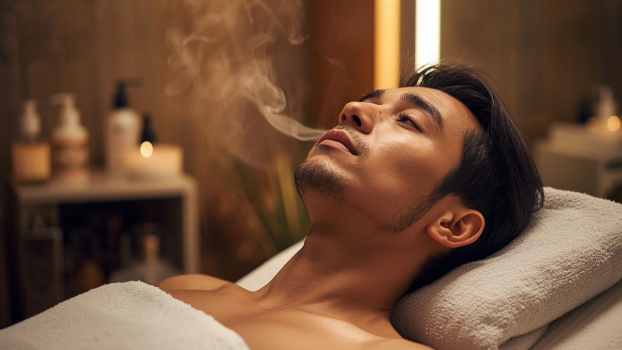 首元にホットタオルをする男性